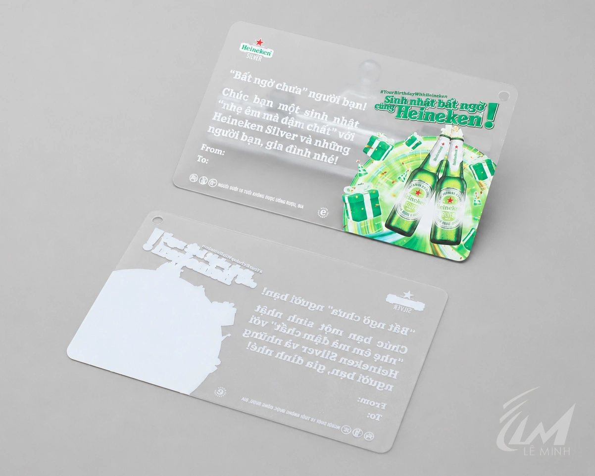 Thẻ Heineken nhựa PvC trong suốt, đục lỗ móc khóa